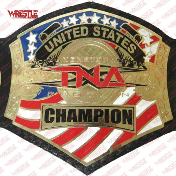 The TNA United States Championship Legacy Wrestling Replica Belt is a symbol of national pride and wrestling excellence. This meticulously crafted replica pays homage to the prestigious United States Championship in Total Nonstop Action (TNA) Wrestling. The belt features a striking central plate made from high-quality zinc alloy, adorned with the bold, iconic U.S. flag motif, blending patriotism with the sport's rich history. The plate's intricate engravings and gold plating capture the championship's prestige and the fierce competition it represents. Flanked by two detailed side plates, the belt celebrates the legacy of past champions, each plate showcasing intricate designs that reflect the title's significance. The strap is made from premium faux leather, offering durability and comfort, with a traditional snap fastener for a secure fit. This TNA United States Championship Legacy Wrestling Replica Belt is a must-have for collectors and fans, embodying the spirit of competition and American pride.