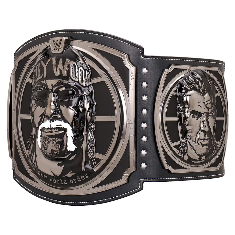 Close-up view of the engraved nWo tribute belt center plate
